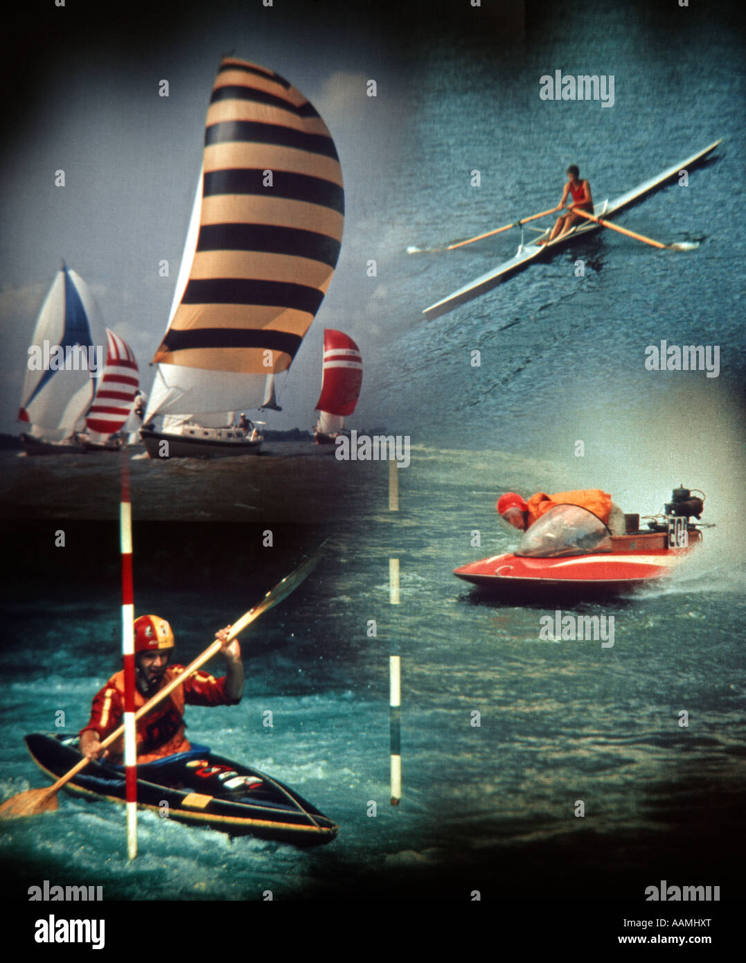 1970 1970S FOTO MONTAGE 4 WASSERSPORT YACHTING SEGELN WRIGGEN RUDERN RUDERER POWER SPEED BOOT KAJAK RENNEN RACING RETRO Stockfoto