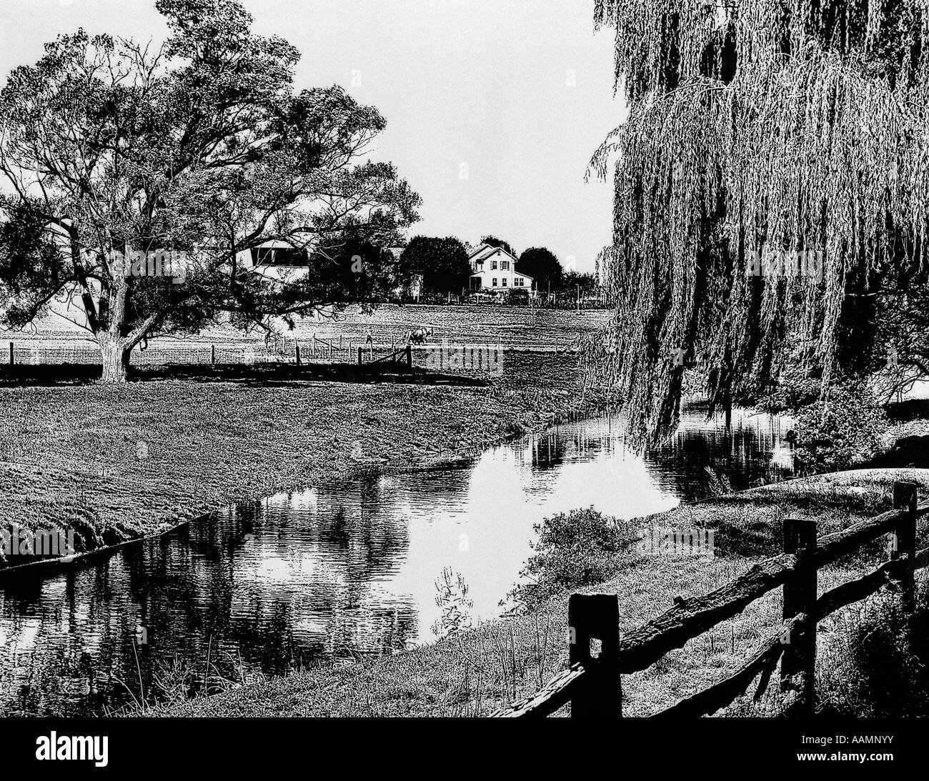 LINIE TON DER BAUERNHOF SZENE MIT LANDWIRT PFLÜGEN & BÄUME & STREAM IM VORDERGRUND Stockfoto