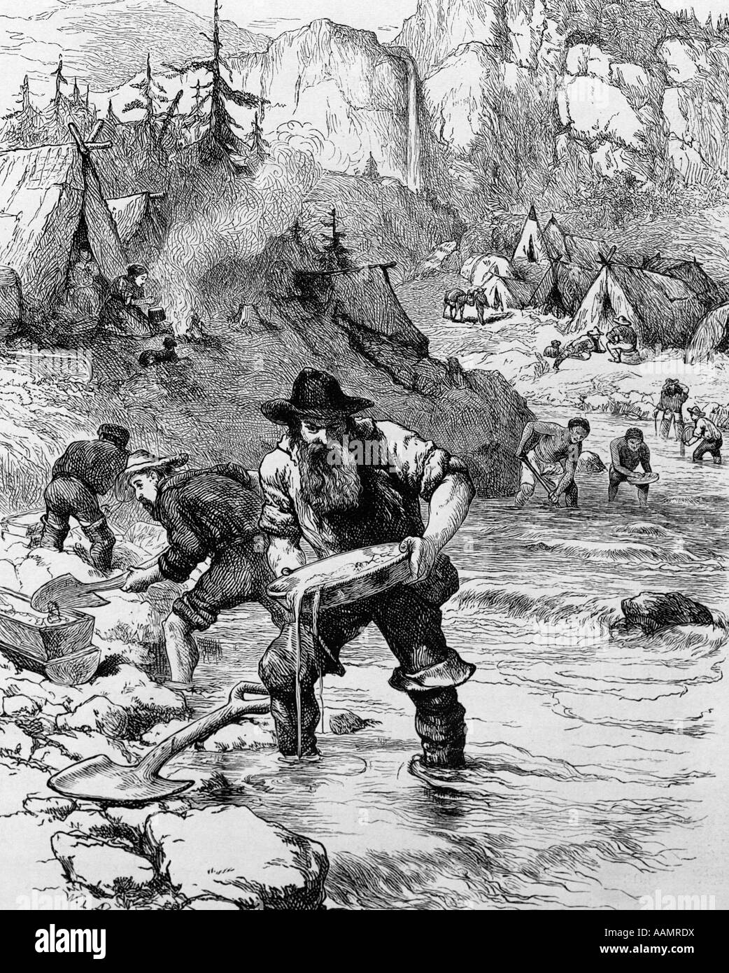 ZEICHNEN VON 1849 GOLDRAUSCH CAMP IN CALIFORNIA BÄRTIGER MANN PROSPECTOR SCHWENKEN IM STREAM Stockfoto