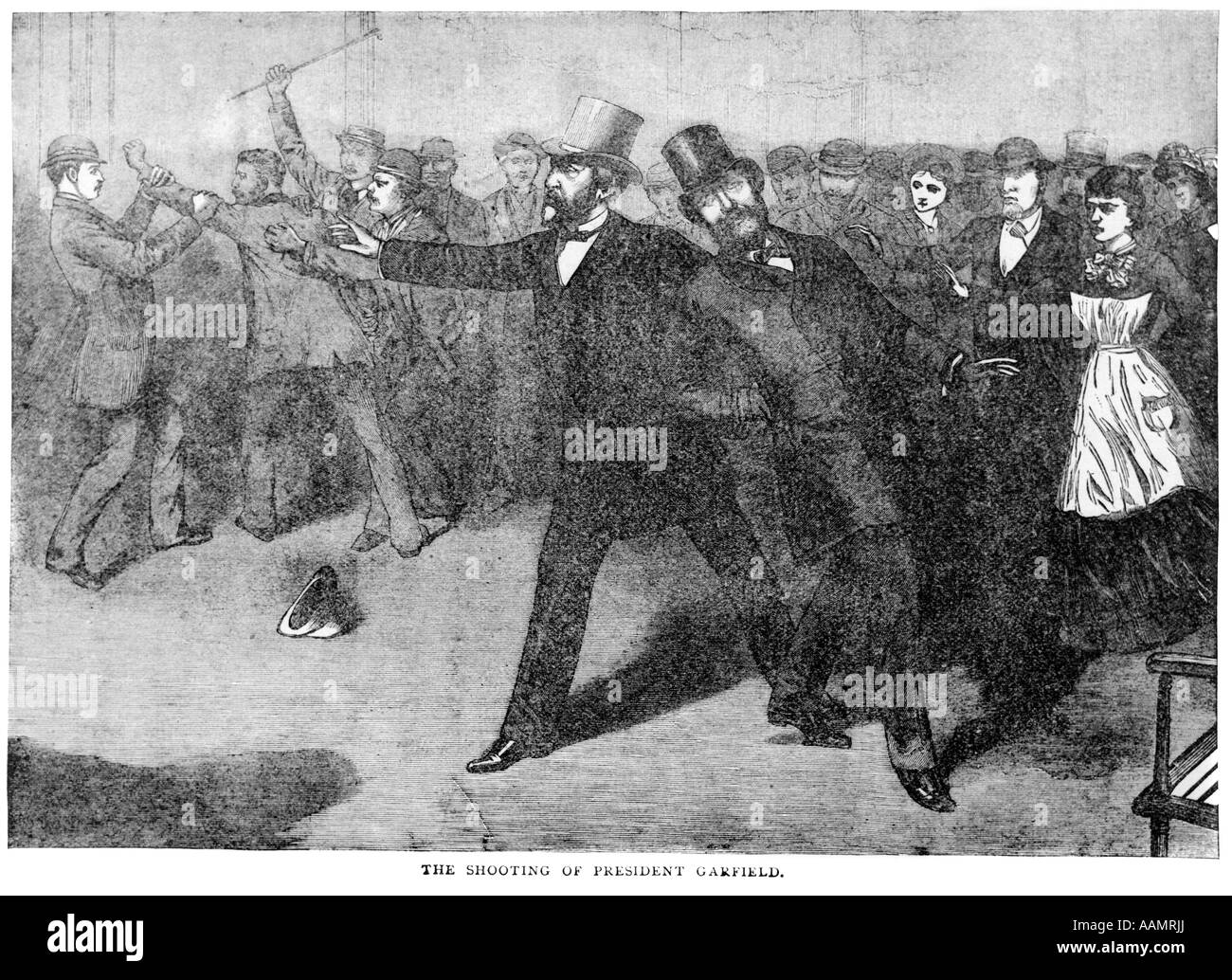 2. JULI 1881 ERSCHIEßUNG VON PRÄSIDENT JAMES ABRAM GARFIELD VON ASSASSIN CHARLES GUITEAU ILLUSTRATION Stockfoto