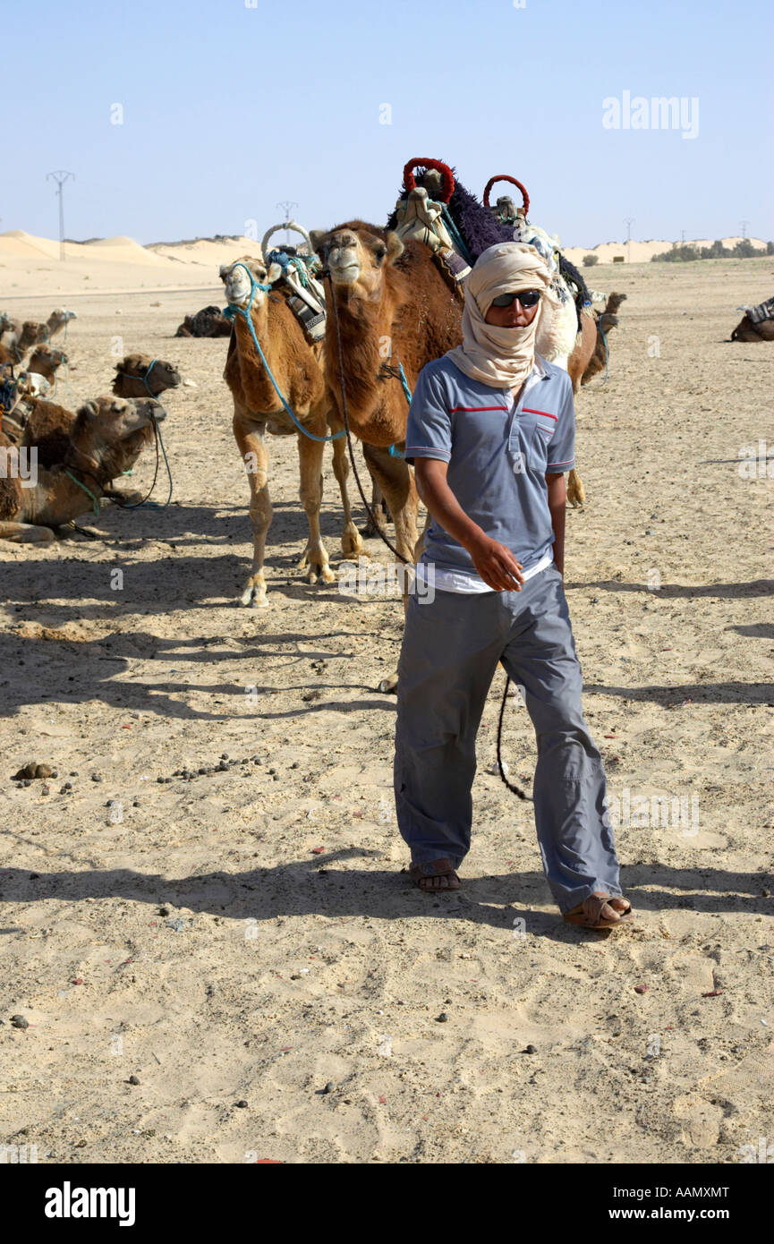 Mrazig Kamel zart führt Gruppe von Kamelen für touristische Reise in die Sahara-Wüste in Douz Tunesien verwendet werden Stockfoto