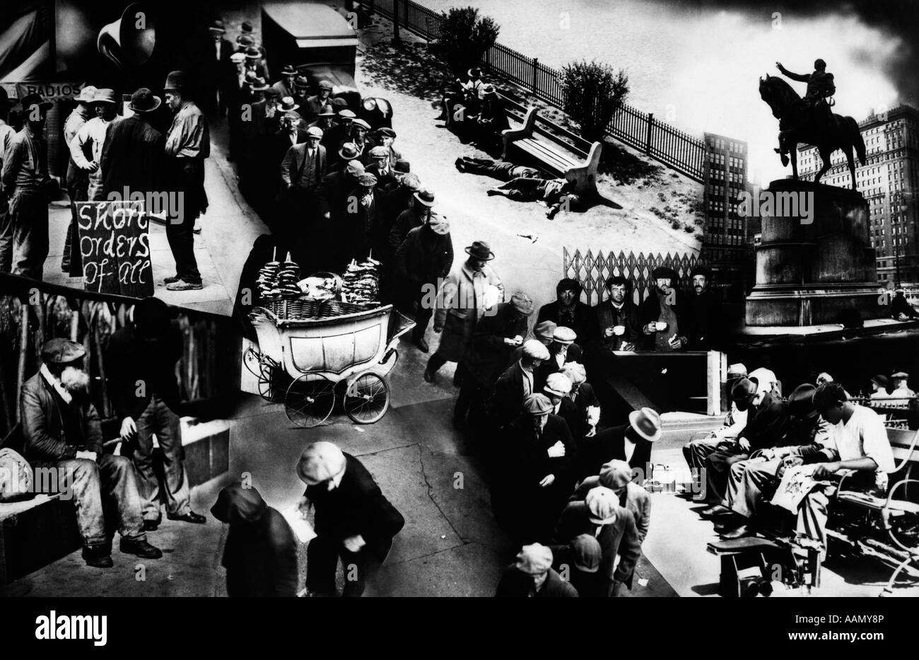 FOTOMONTAGE DER 1930ER JAHRE DER WELTWIRTSCHAFTSKRISE BEINHALTET BROTLINIE APPLE VERKÄUFER ARBEITSLOSIGKEIT WIRTSCHAFTLICHER NOT UND NIEDERGANG Stockfoto