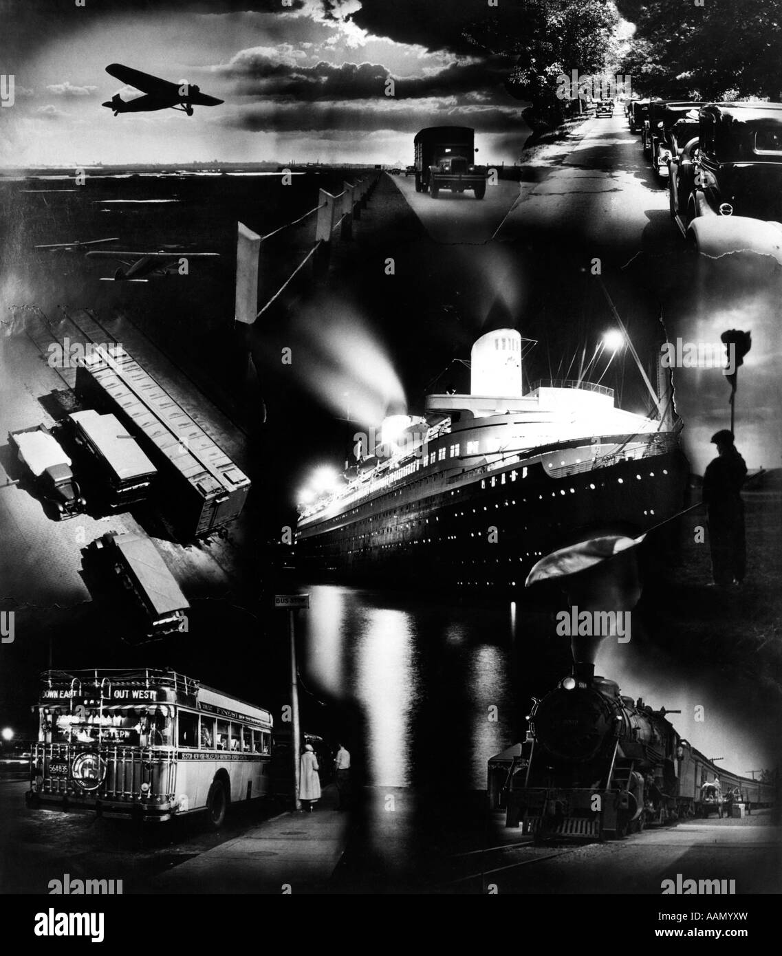 1930ER JAHREN MONTAGE TRANSPORT BILDER FLUGZEUG EISENBAHN ZUG BUS LKW PKW OCEAN LINER Stockfoto
