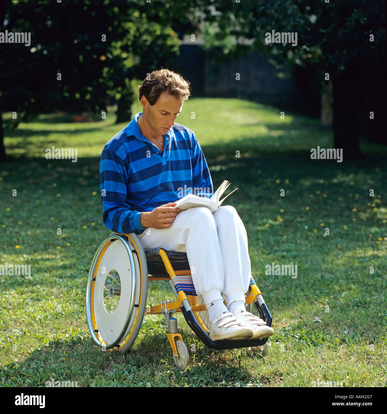 Behinderte Menschen im Rollstuhl ein Buch lesen im Garten, Frankreich, Europa Stockfoto