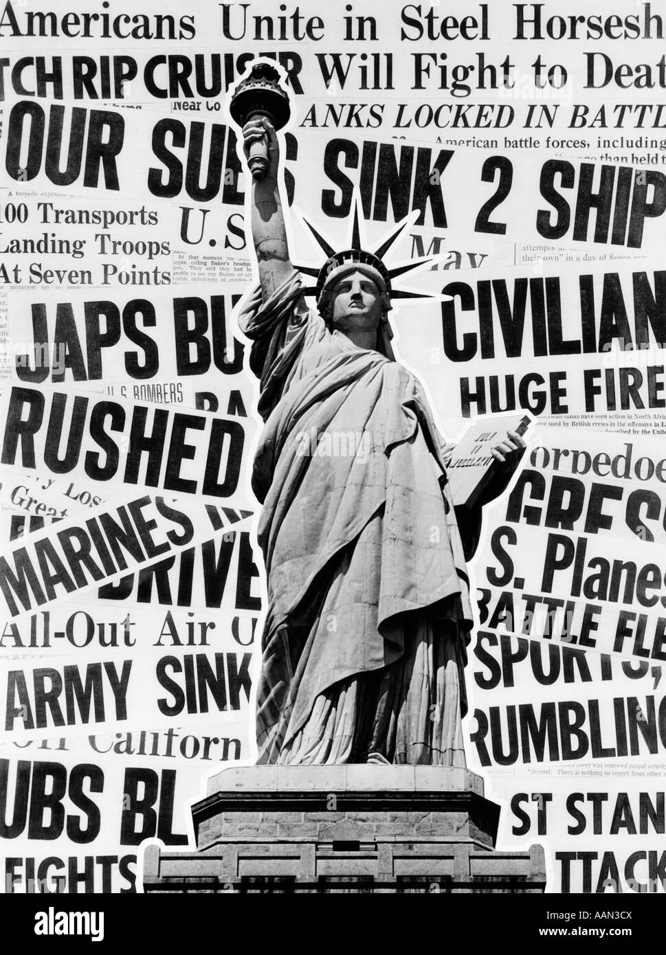 1940ER JAHRE MONTAGE VON WELTKRIEG II SCHLAGZEILEN UND STATUE OF LIBERTY Stockfoto 1940ER JAHRE MONTAGE VON WELTKRIEG II SCHLAGZEILEN UND STATUE OF LIBERTY Stockfoto