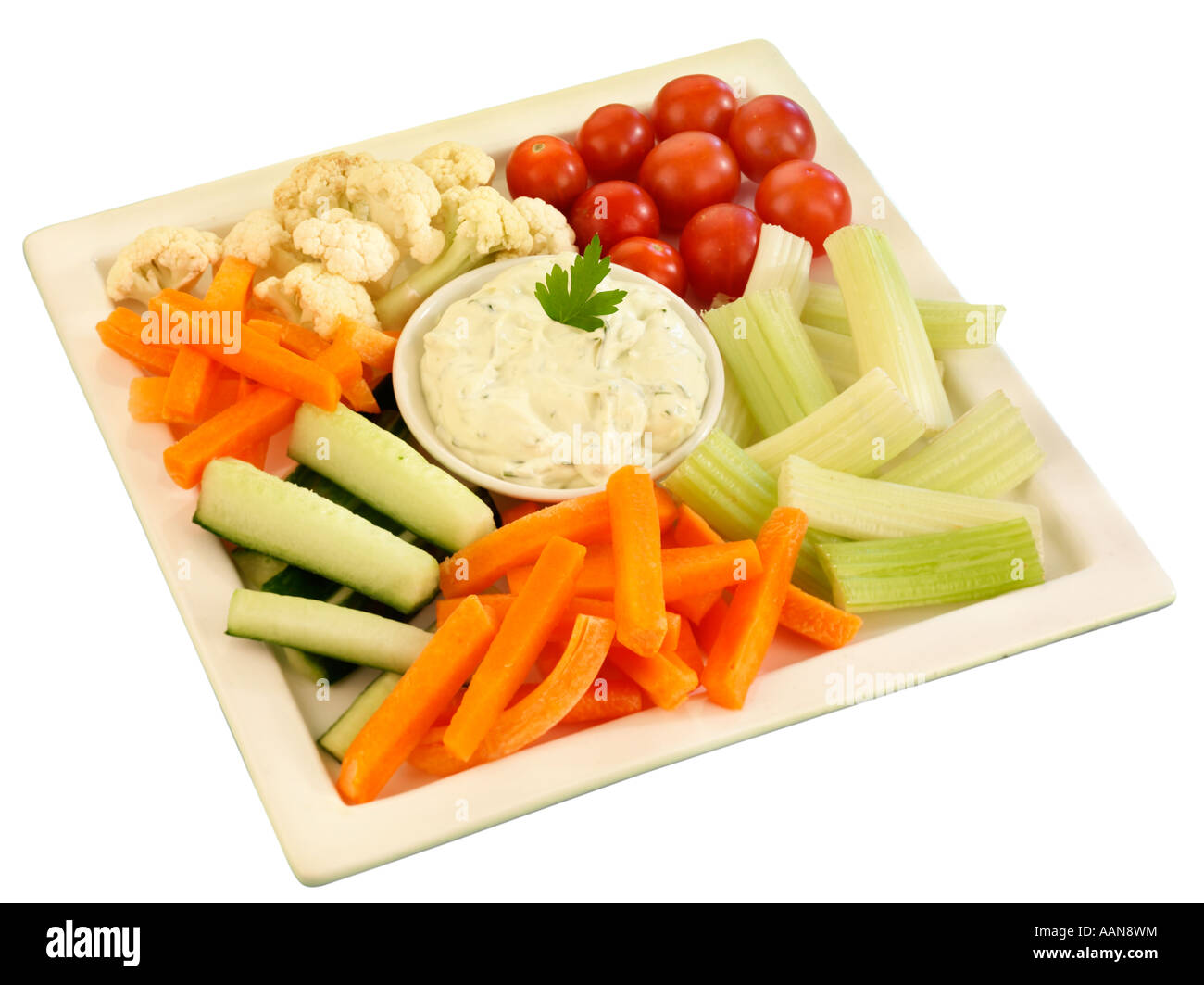 CRUDITES UND DIP AUSWAHL AUSSCHNEIDEN Stockfoto