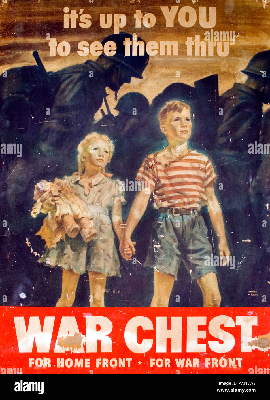 Das Vintage-Propagandaposter aus dem Zweiten Weltkrieg fördert Patriotismus und Einheit und zeigt auffällige Farben und klassischen Grafikstil aus der Kriegszeit. Stockfoto