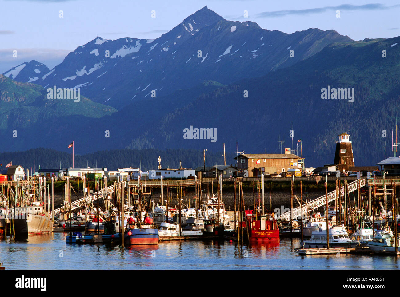 ANGELBOOTE/Fischerboote und Yachten vor Anker im Hafen unterhalb der PIER HOMER ALASKA Stockfoto