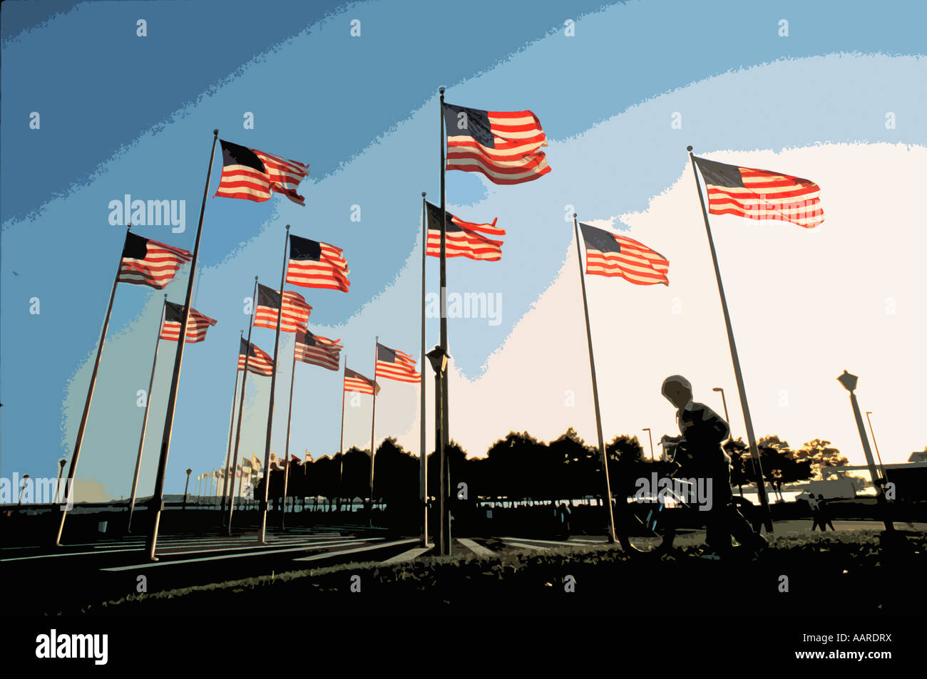 Amerikanische Flaggen über Liberty State Park in New Jersey Stockfoto