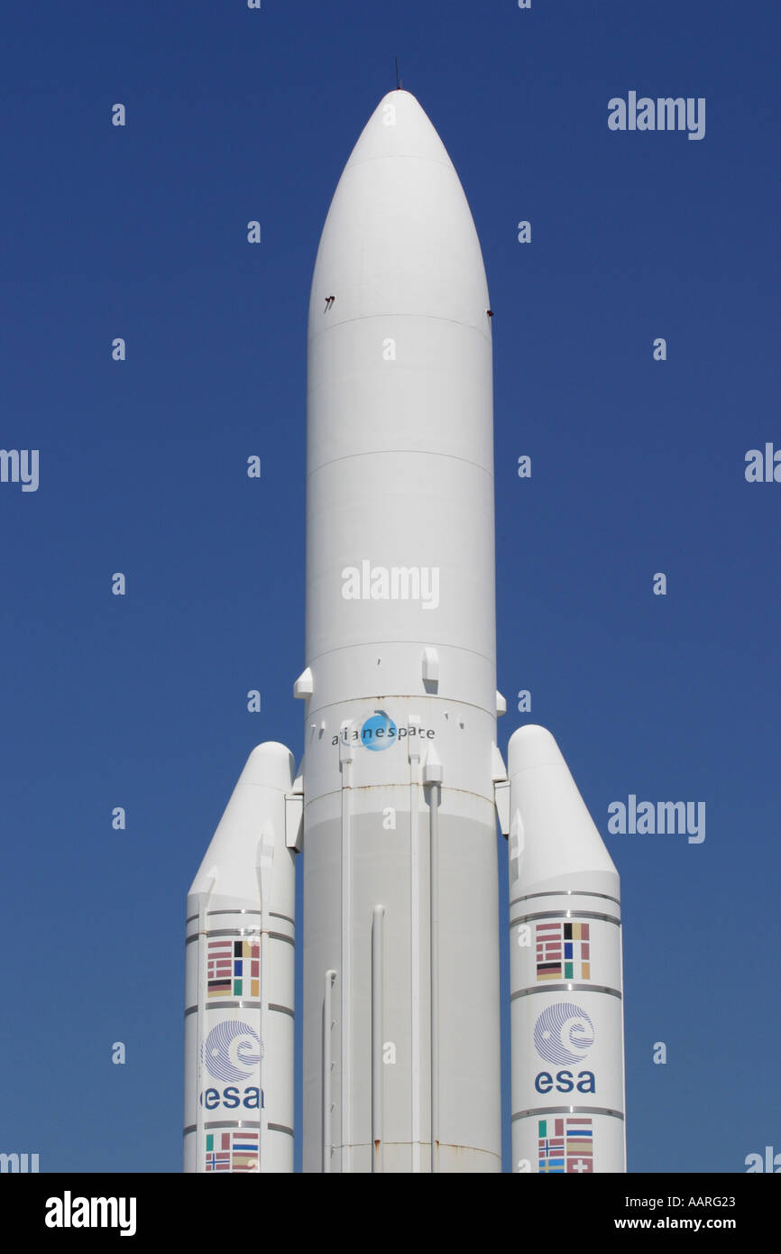 Ariane-Rakete mit Titeln der Europäischen Weltraumorganisation ESA Stockfoto