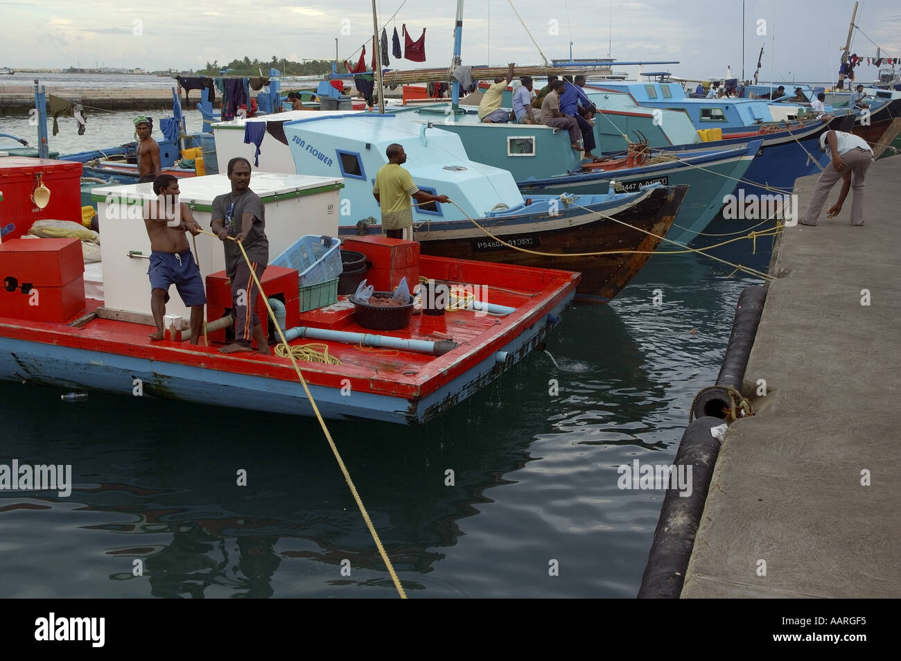 Männer stehen auf ihre Angelboote/Fischerboote vertäut im Hafen in Male, Malediven. Stockfoto