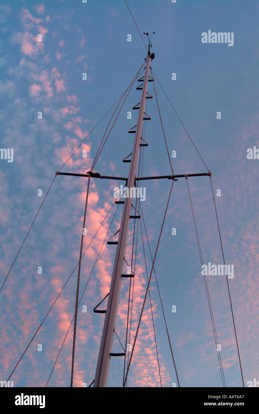 Ein Segelboot Mast mit Maststufen installiert und Strecker vom Mast gehalten, damit sie nicht gegen es bang und Lärm machen Stockfoto