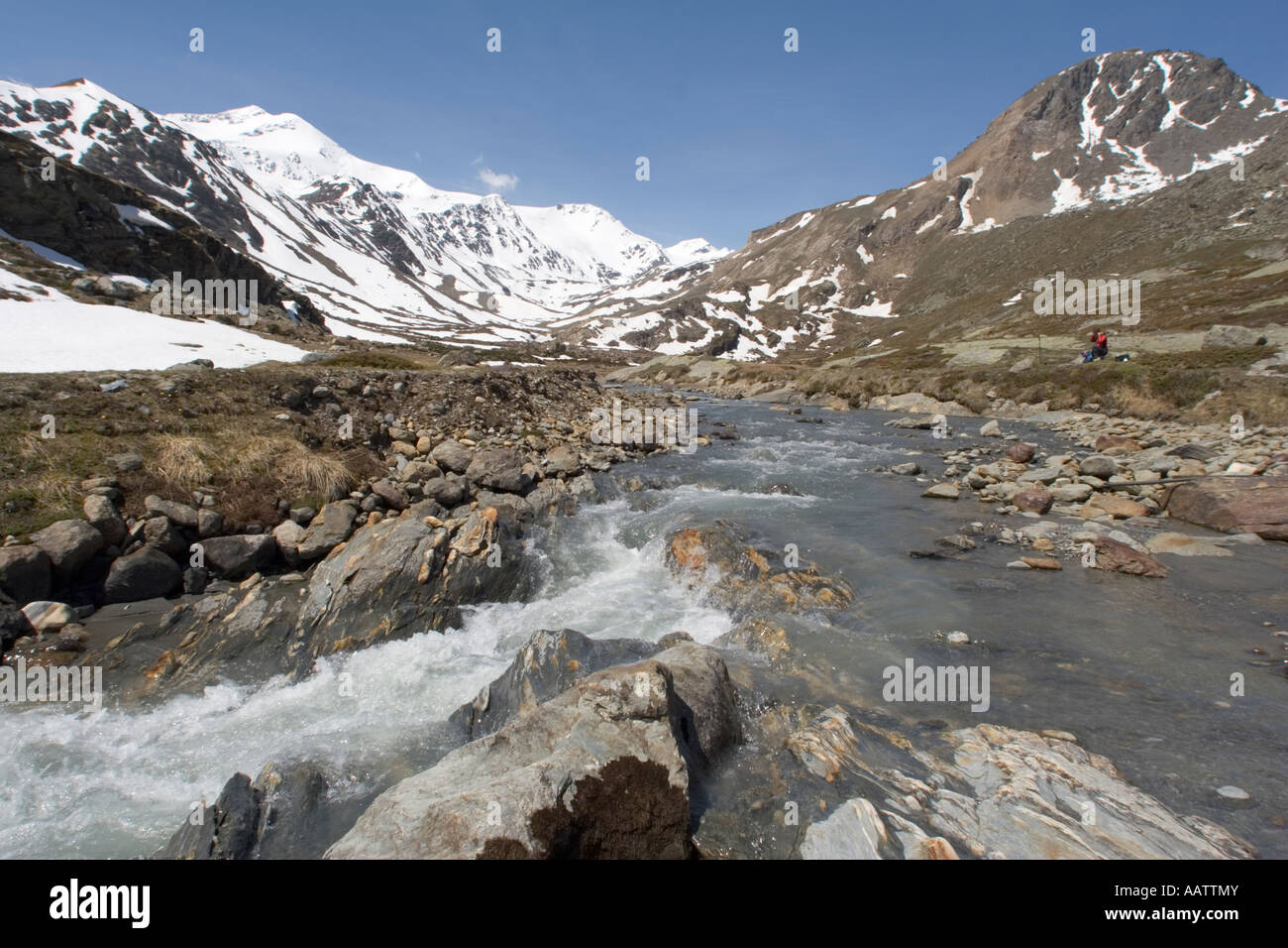 Schnee- und Gletscherschmelze Wasser Formen Rio Plima in Val Martello, Alto Adige, Italien Stockfoto