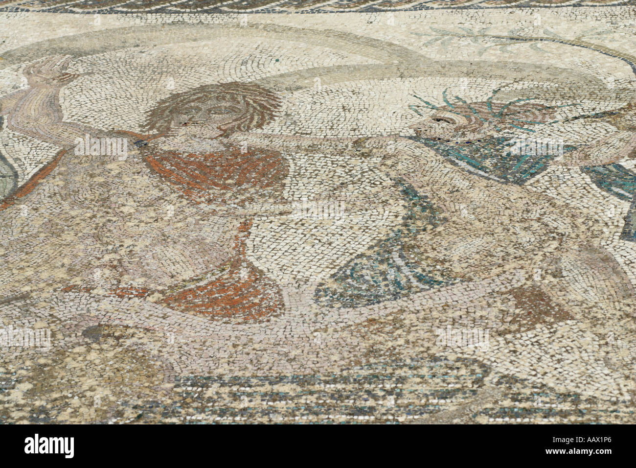 Nahaufnahme von der Entführung von Hylas von Nymphen Mosaik, Volubilis, Marokko Stockfoto