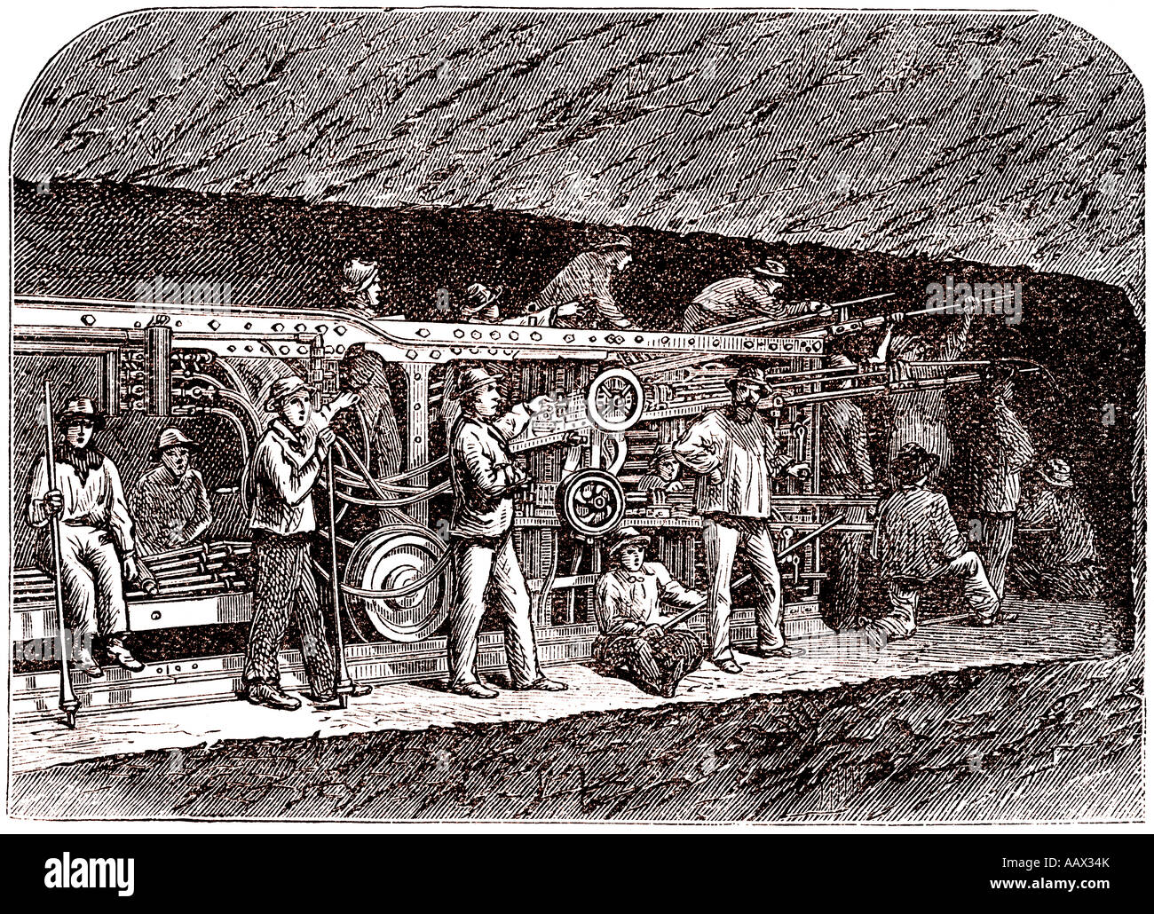 Stich 1885 eine Bohrmaschine in der Mont-Cenis-Tunnel zwischen Frankreich und Italien Europa Stockfoto