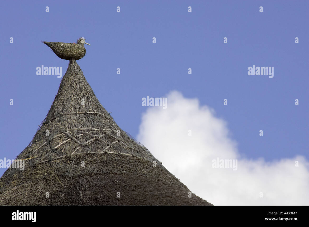 Nach oben Strohdach gekrönt mit einem Strohhalm finial Ente, Sussex, England, Großbritannien Stockfoto