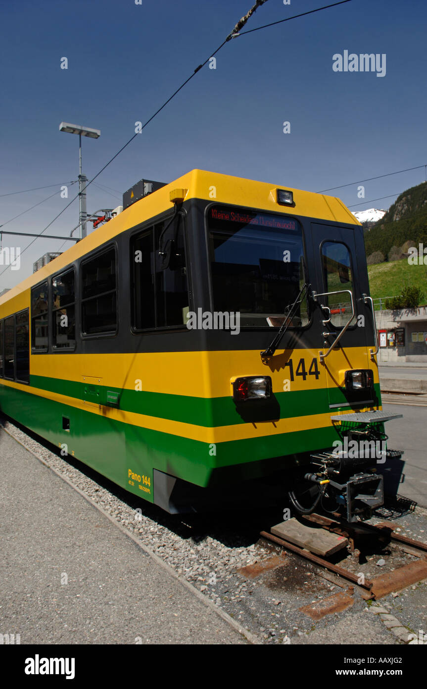 Panorama Wengernalp-Bahn-Zug am Bahnhof Grindelwald Schweiz Europa Stockfoto