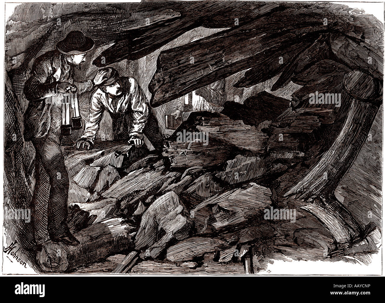 Eine gefährliche Dach fallen in Vochrin Grube Kohlebergwerk in 1875 Wales UK Stockfoto