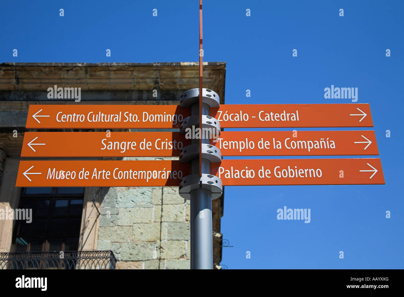 Punkte des Interesses Wegweiser, Calle Macedonio Alcala, Oaxaca, Bundesstaat Oaxaca, Mexico Stockfoto