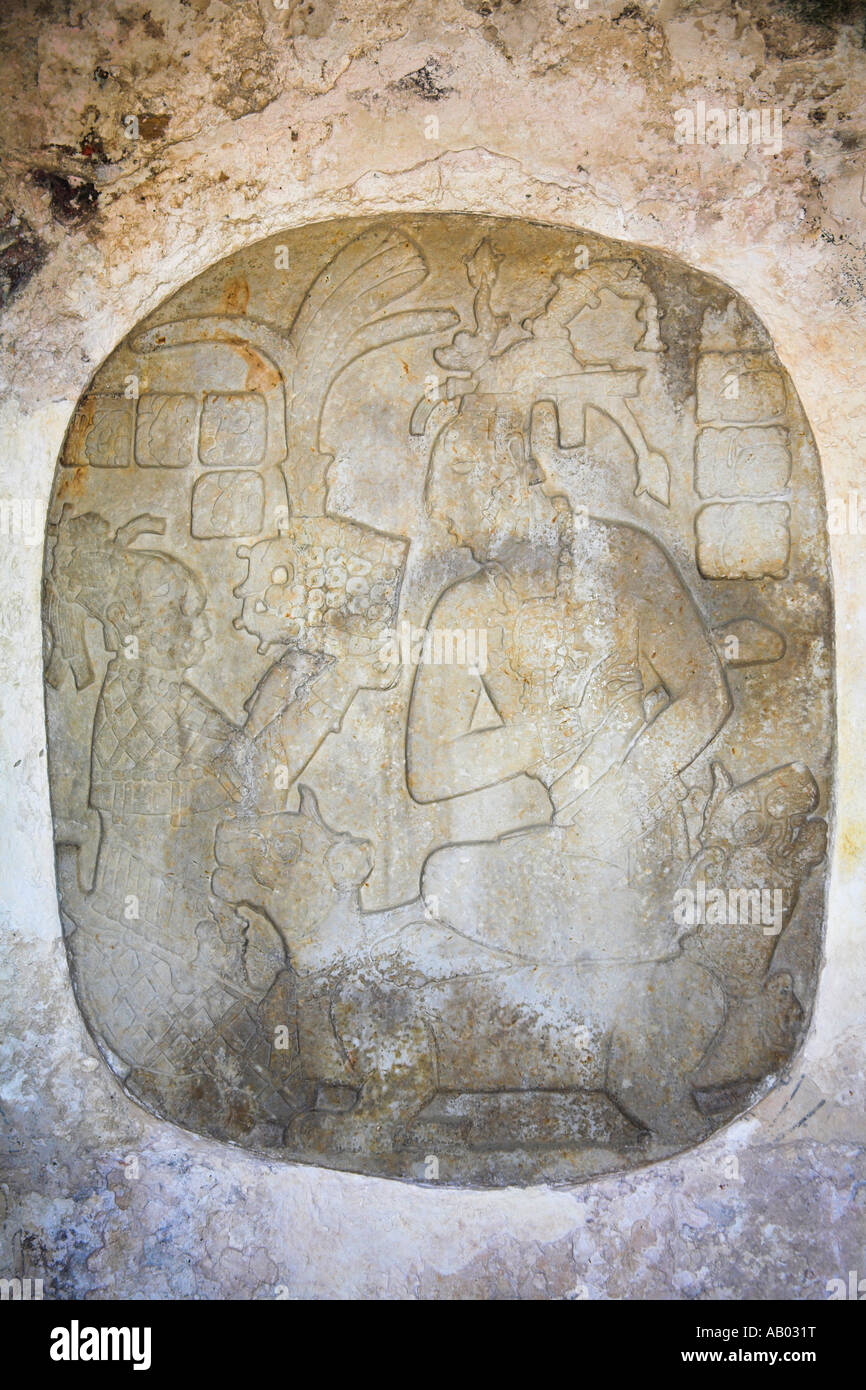 Stein Relief, Krönung des Königs Pakal, archäologische Stätte Palenque, Palenque, Bundesstaat Chiapas, Mexico Stockfoto