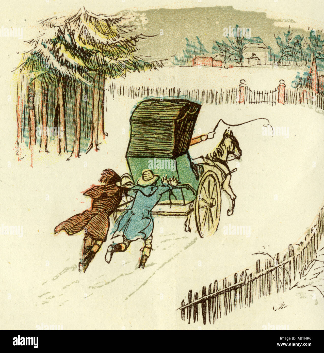 Weihnachten 1881 U K Schnee Mann Pferdekutsche Stockfoto