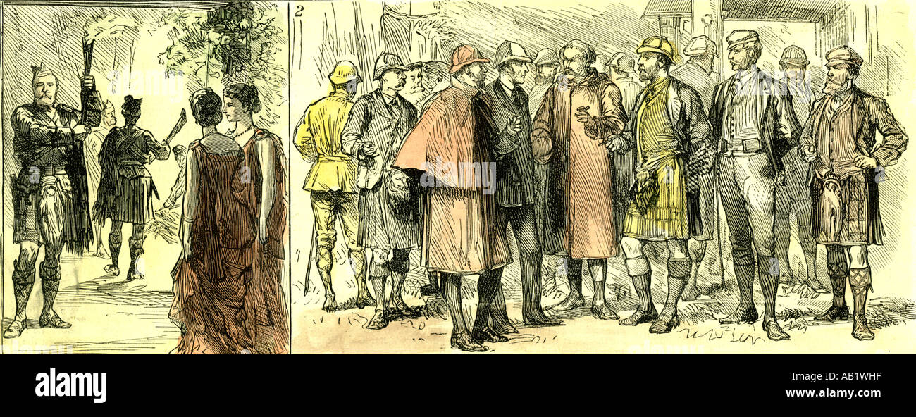 Das Gericht in den Highlands Schottland 1880 von der Tür des Ball Room Abergeldie eine Diskussion nach der Fahrt Stockfoto