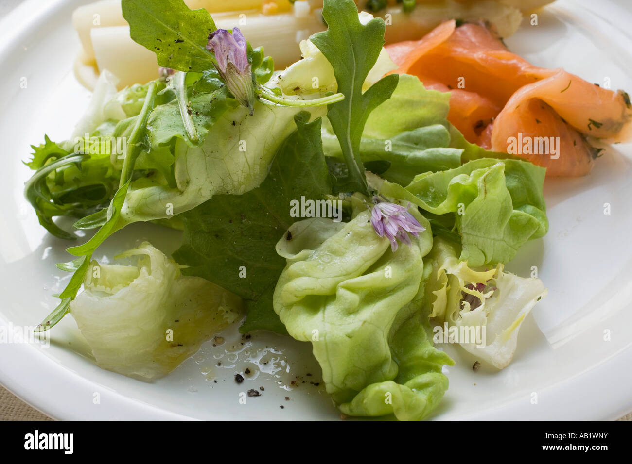 Salatblätter mit Spargel und Räucherlachs FoodCollection Stockfoto
