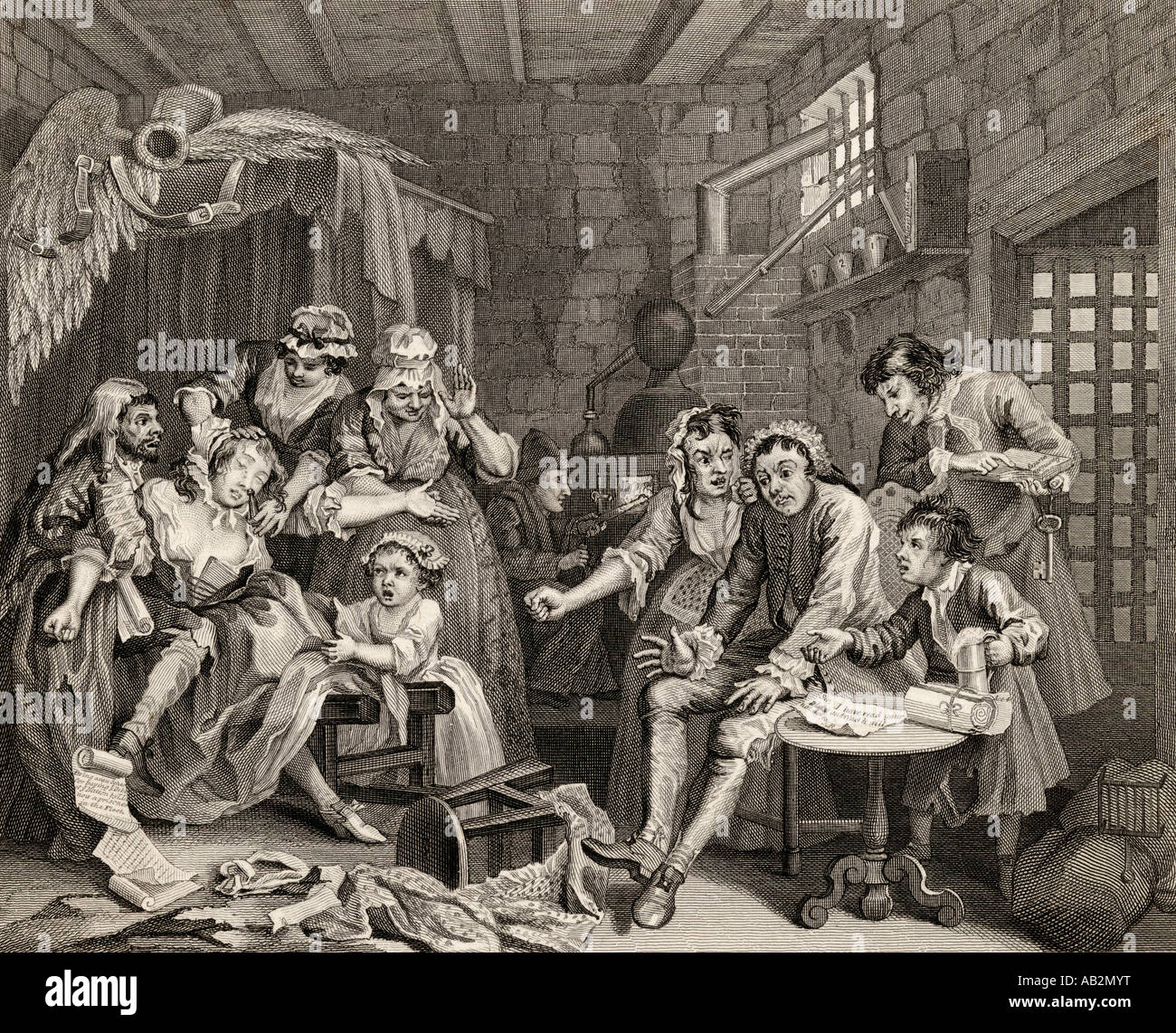 Der Fortschritt des Rakes. Gefängnisszene. Aus dem Originalbild von Hogarth. Stockfoto