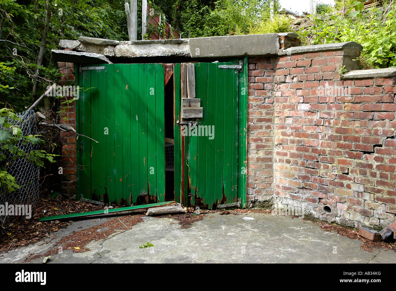 Garage, die durch einen umgestürzten Baum zerstört Stockfoto