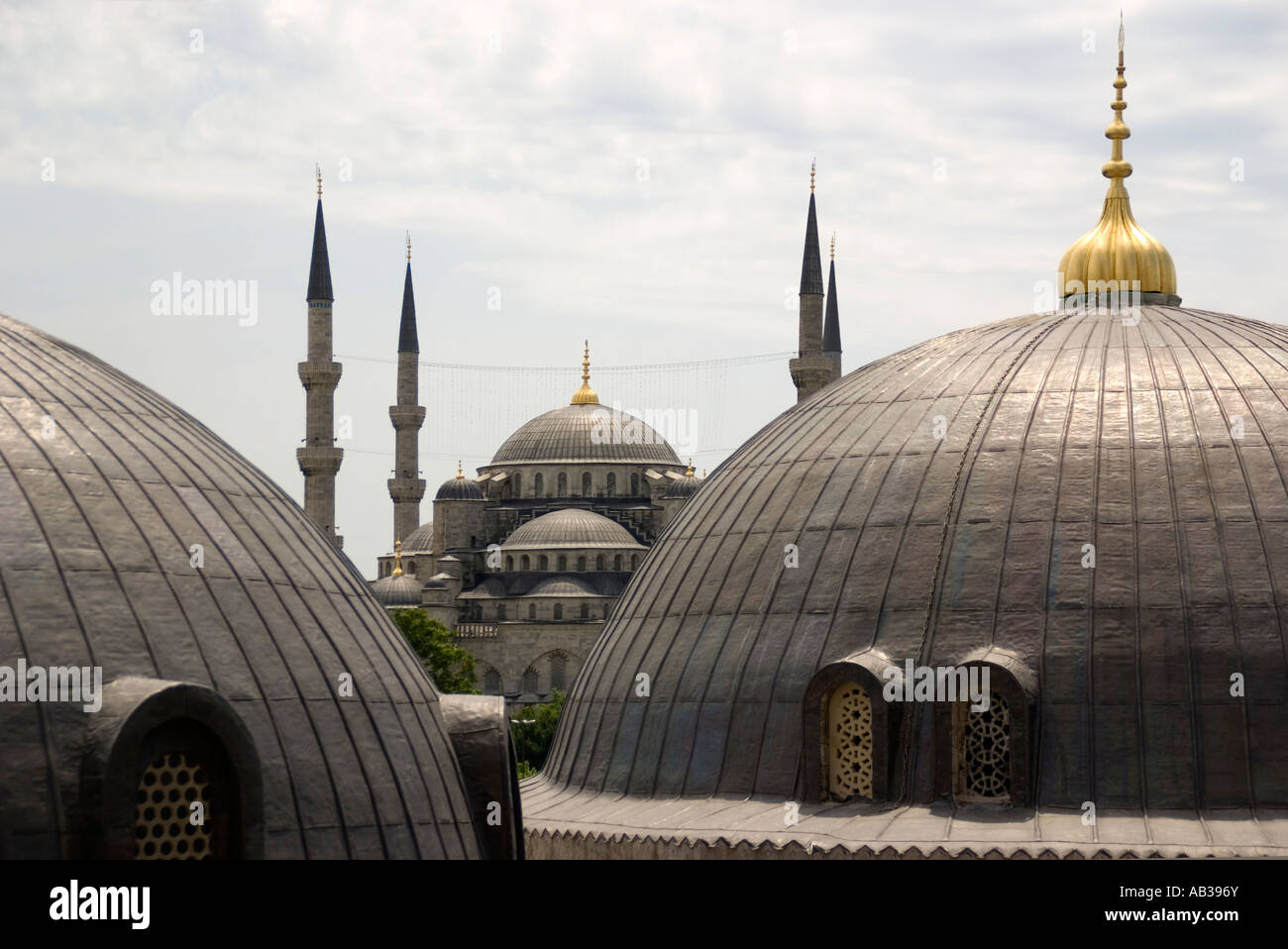 Kuppel der blauen Moschee (Sultan Ahmet Cami) betrachtet zwischen Kuppeln der Aya Sofya in Istanbul, Türkei Stockfoto