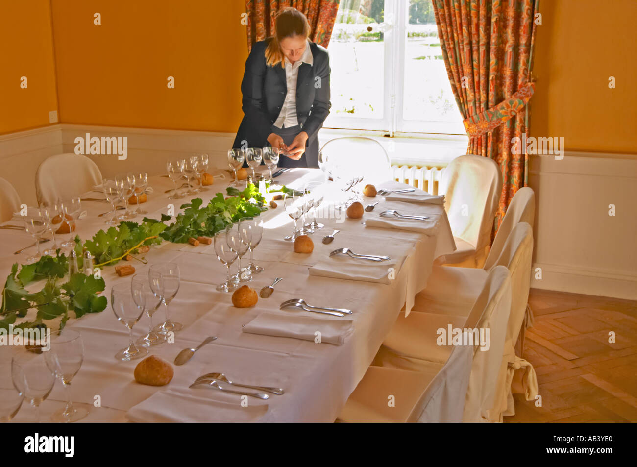 Der Tisch für Mittagessen und Weinprobe für Besucher und als Kellnerin in einem sonnigen Fenster - Chateau Belgrave, Haut-Medoc, Grand Crus Classe 1855 Stockfoto