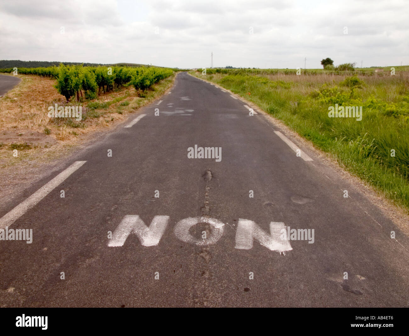 Eine gemalte Wort "non" auf einer Landstraße in Frankreich Stockfoto