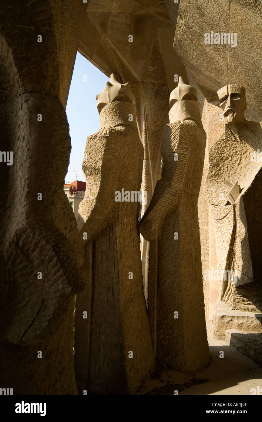 Skulpturen von Josep Maria Subirachs, im Tempel De La Sagrada Familia, Barcelona, Spanien Stockfoto