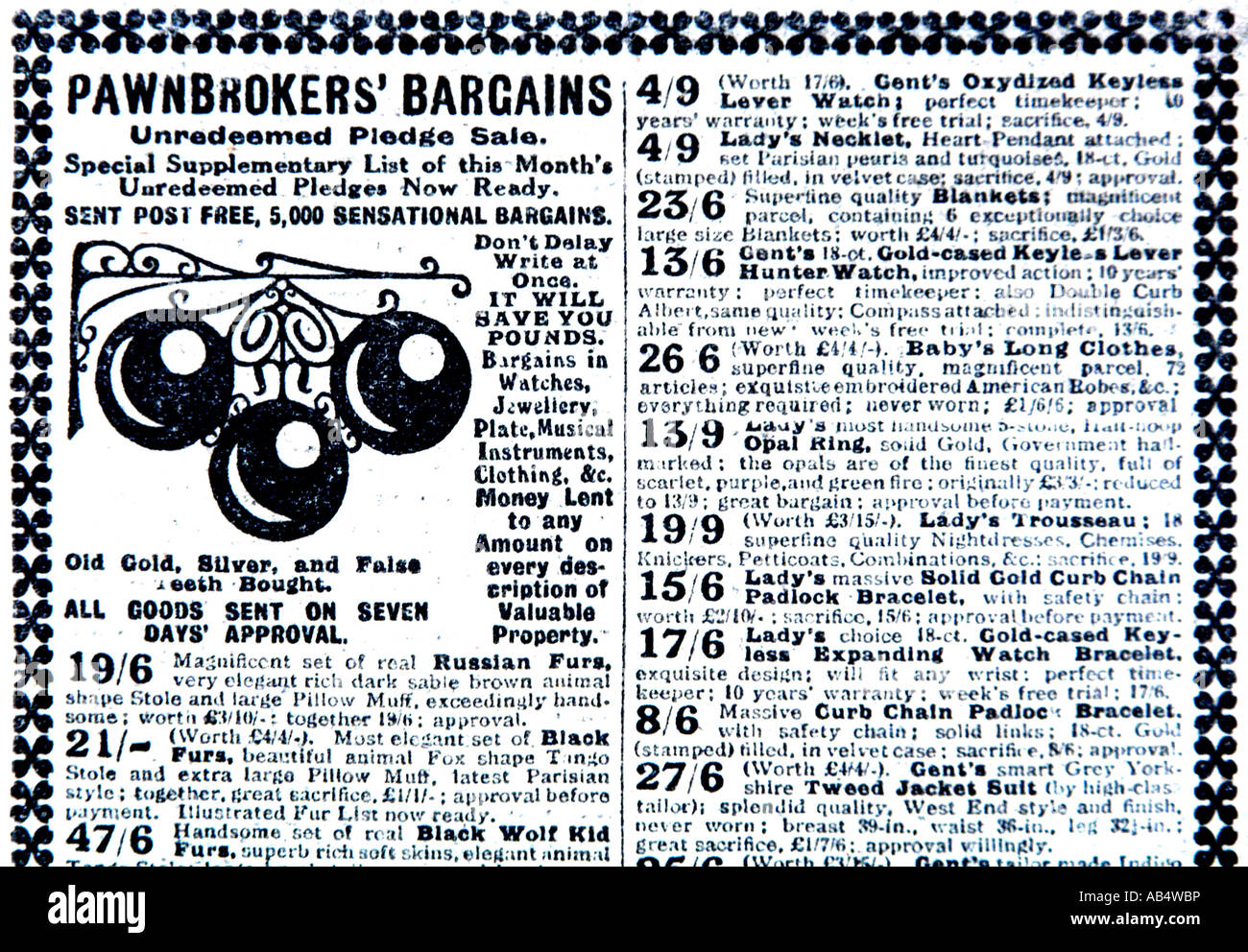 Pfandleiher Zeitungsanzeige 1917 nur zu redaktionellen Zwecken Stockfoto