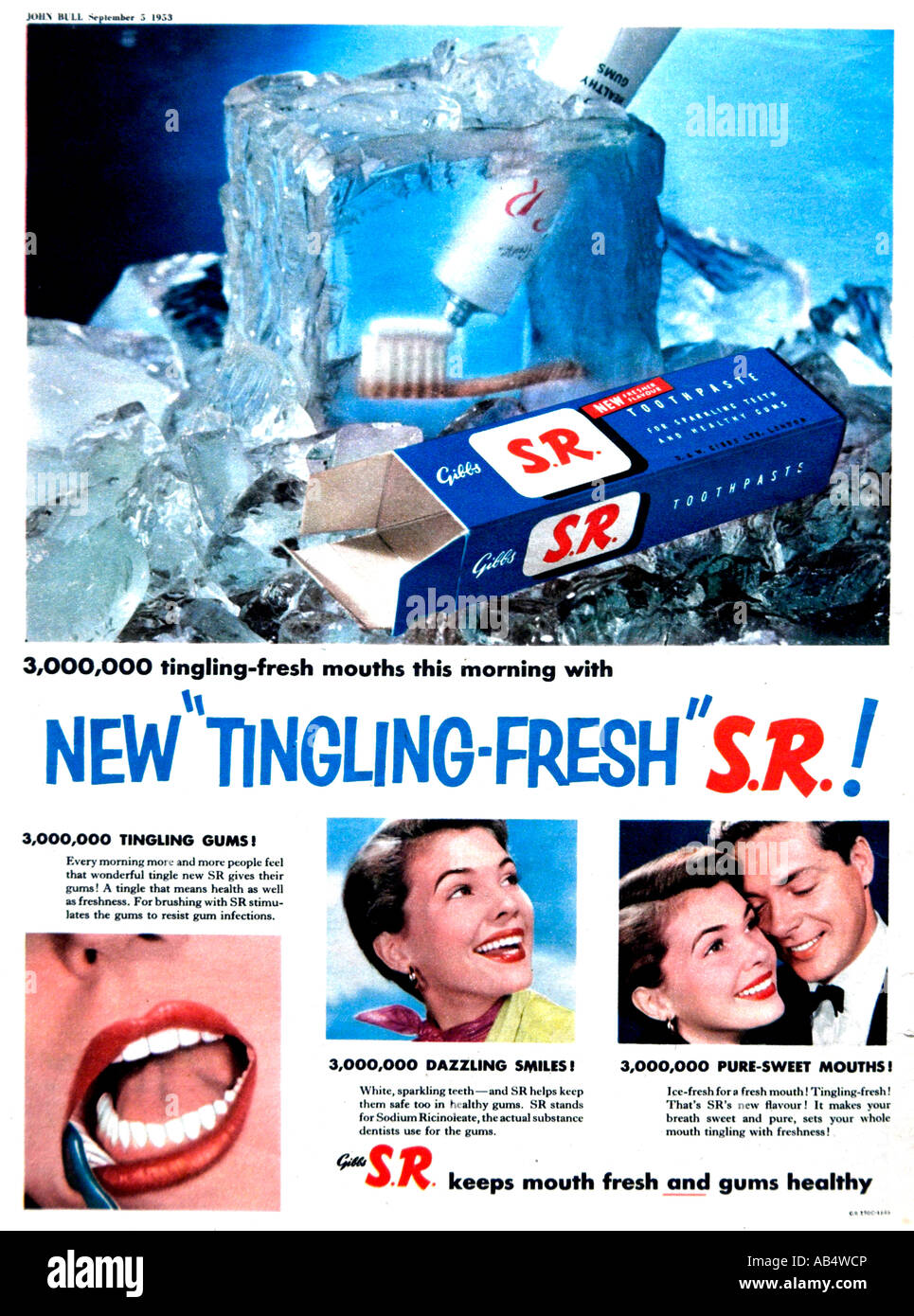 Magazin Werbung für Gibbs SR Zahnpasta September 1953 für nur zur redaktionellen Verwendung Stockfoto