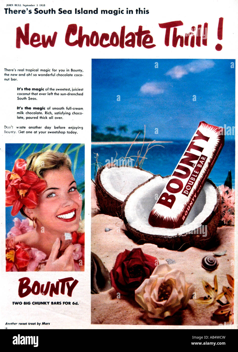 Magazin Werbung für Bounty Schokoriegel September 1953 nur zu redaktionellen Zwecken Stockfoto