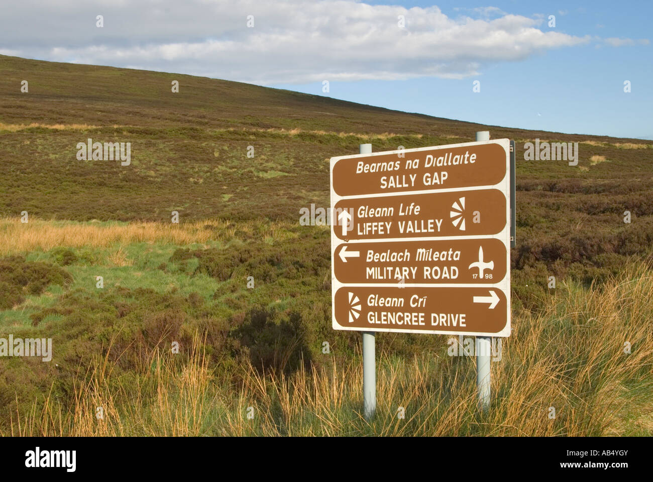 Irland County Wicklow Mountains Sally Gap Straßenschild in Gälisch und Englisch Stockfoto