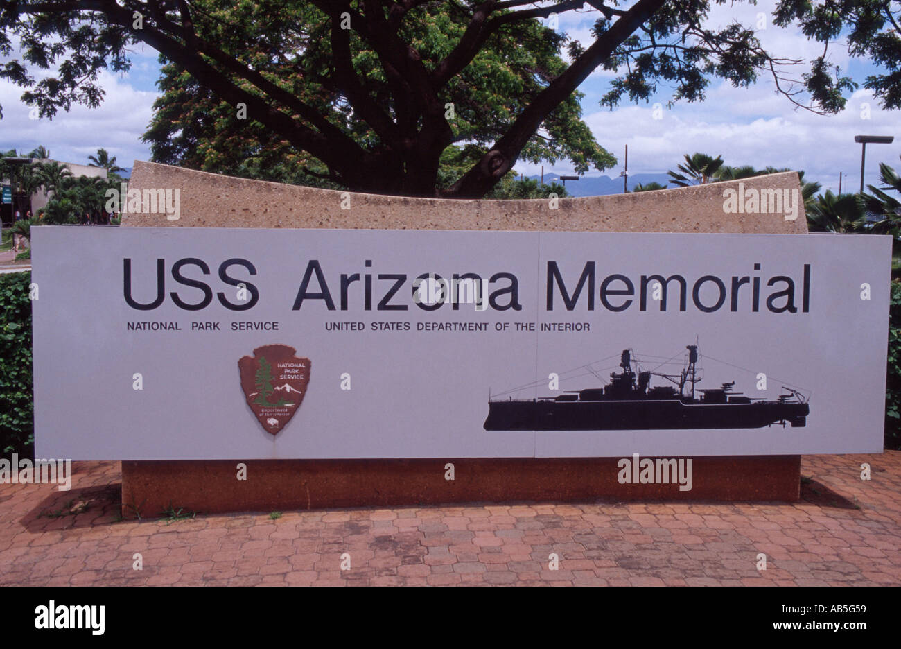 USS Arizona Memorial Eintrag Marker USS Arizona Memorial National Park Service Pearl Harbor Oahu Hawaii USA Stockfoto