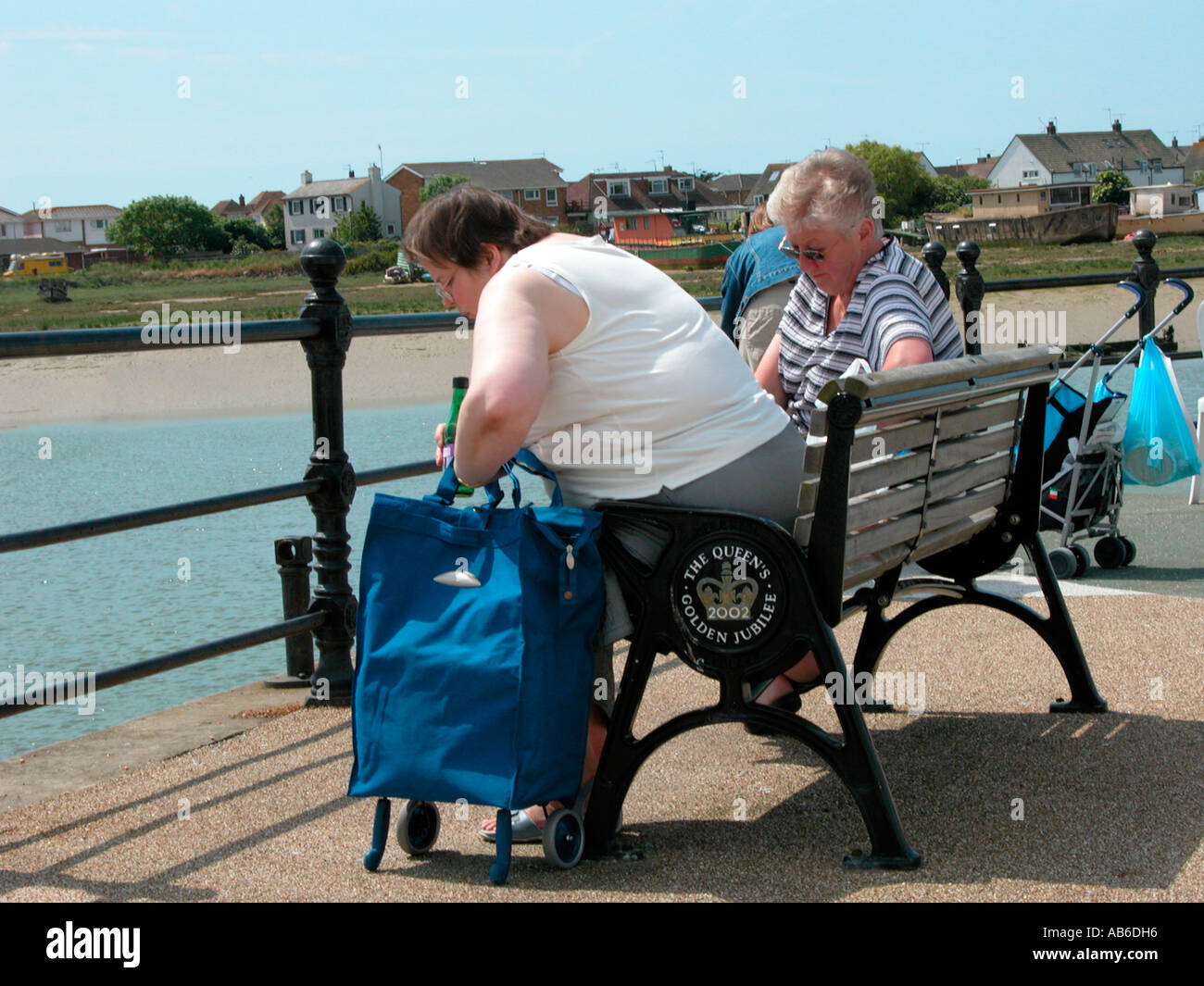 übergewichtige Frau, die Schwierigkeiten haben, aufstehen aus Sitzbank Shoreham durch Sea Sussex Stockfoto