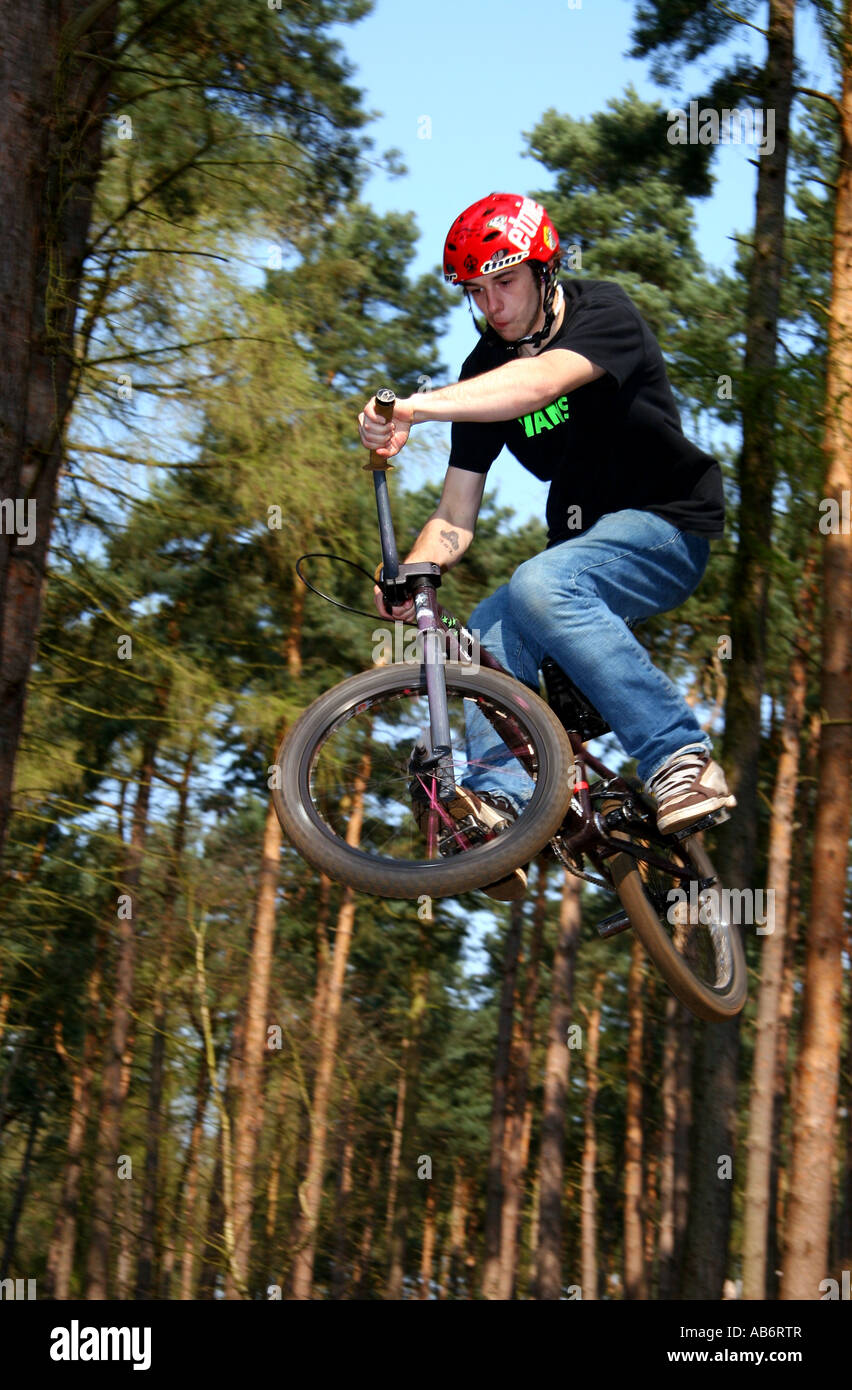 Ein Reiter auf die Sprünge bei Chicksands, Rowney Warren, Bedfordshire. Stockfoto