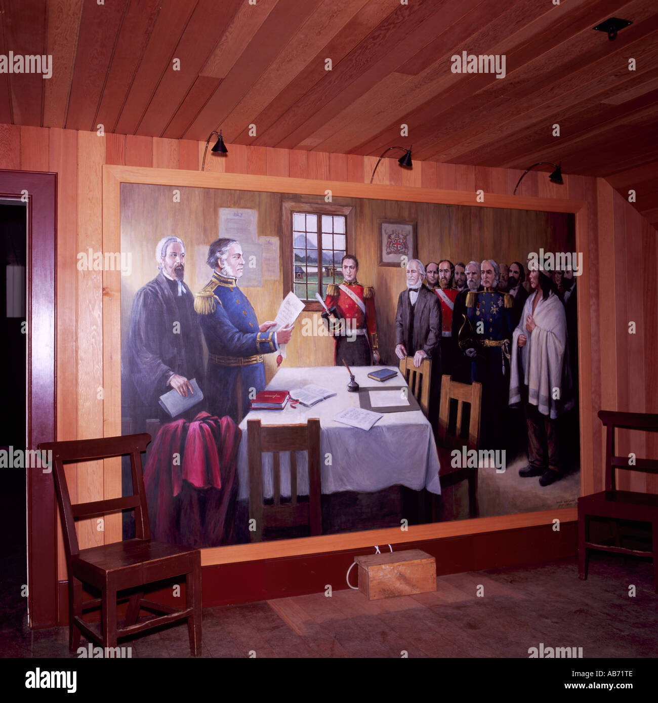 Fort Langley National historischen Ort, BC, British Columbia, Kanada - große Wandmalerei an Wand im Inneren des großen Hauses Stockfoto