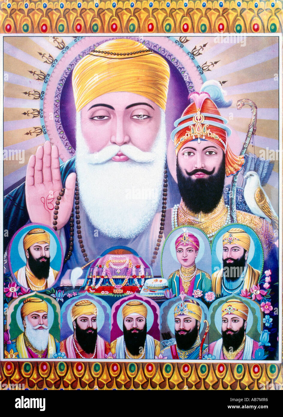 Guru Nanak und die zehn Sikh Gurus Gründer des Sikhismus und der Guru Granth Sahib als 11. Guru Stockfoto