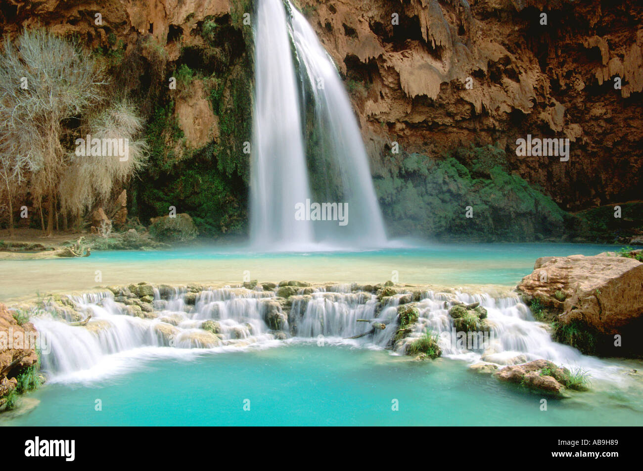 Havasu Fälle, Türkis gefärbt Wasser, USA, Arizona, Havasupai Indian Reserve. Stockfoto