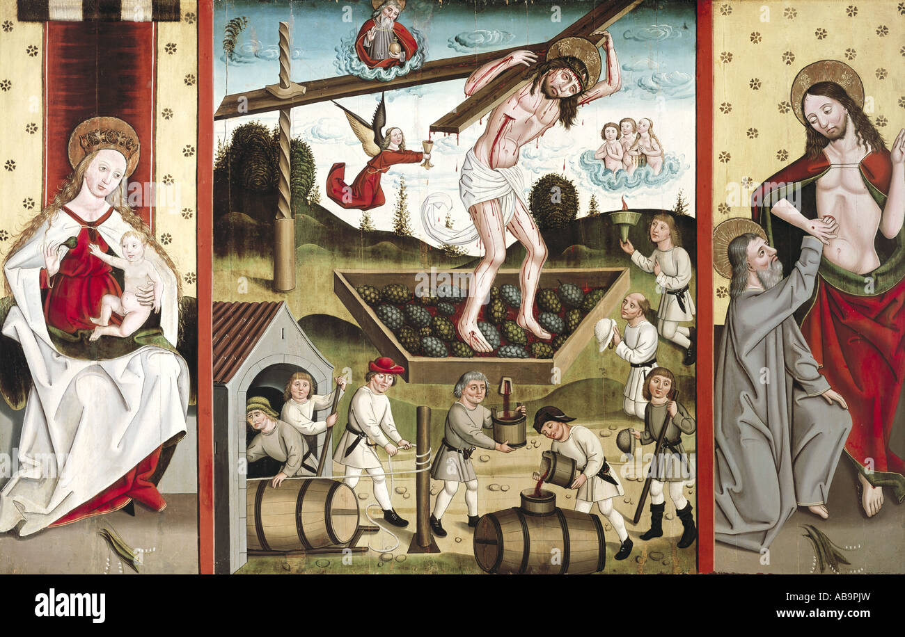 Bildende Kunst, religiöse Kunst, Jesus Christus, Christus drücken Wein, Malerei, Süddeutschland, 2. Hälfte 15. Jahrhundert, Bayerisches Nationalmuseum, München,, Artist's Urheberrecht nicht gelöscht werden Stockfoto