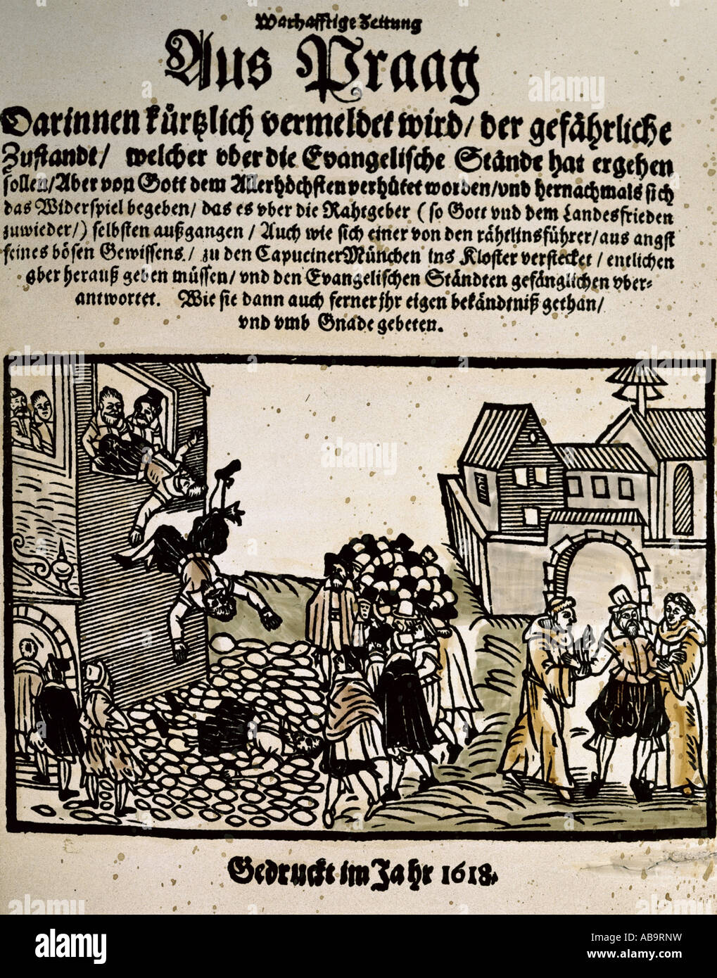 Ereignisse, Der Dreißigjährige Krieg 1618 - 1648, zweite Bewehrung von Prag, 23.5.1618, Farbholzschnitt, "Wahlhafte Zeitung", 1618, Privatsammlung, Stockfoto