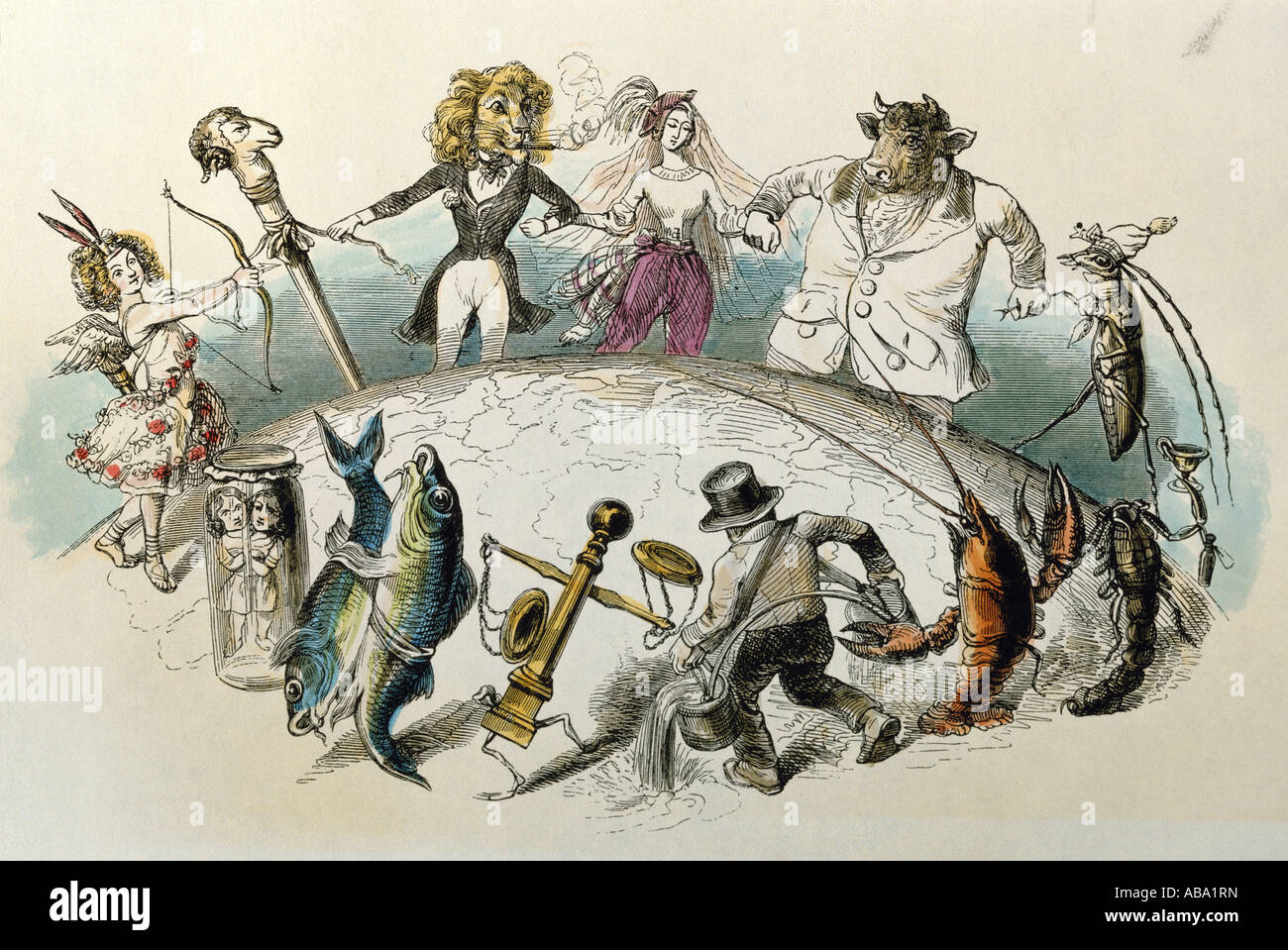 Astrologie, Tierkreiszeichen, Karikatur, "Der Tierkreis in einem runden Tanz um die Welt", farbige Gravur von von Grandville, "Les etoiles animees", Paris, 1848, Privatsammlung, Stockfoto