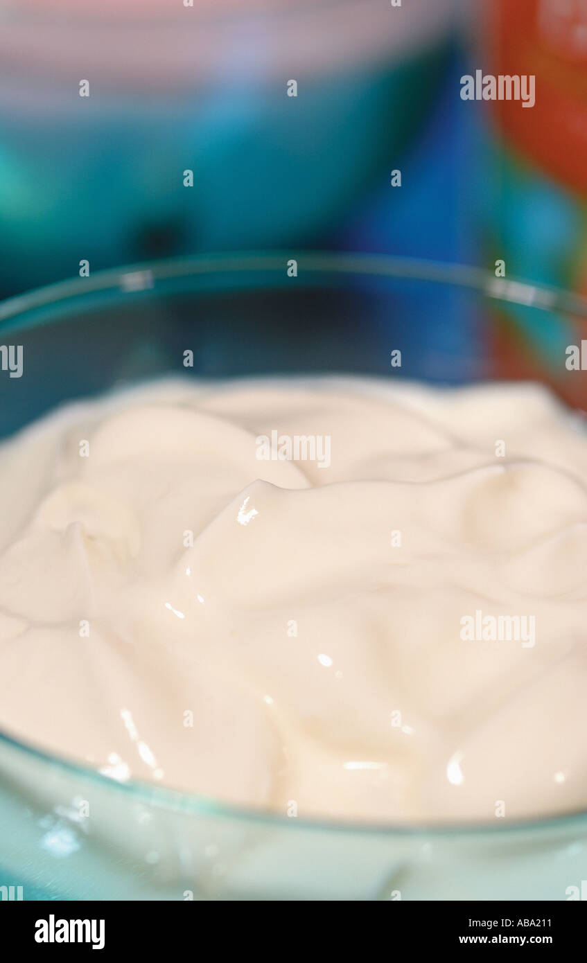 Nahaufnahme der Schüssel mit natürlichem Joghurt Stockfoto