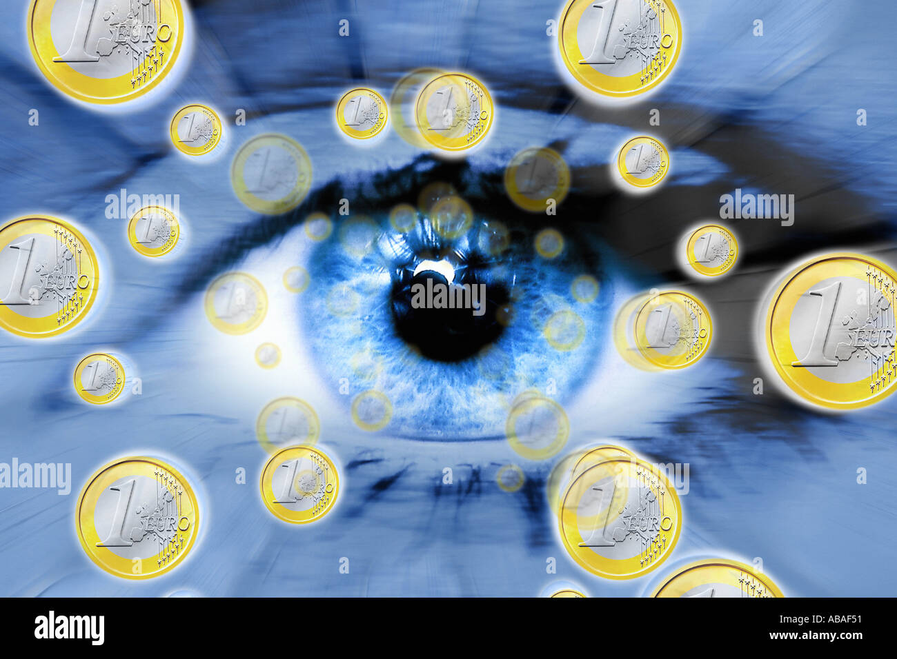 Euro-Münzen und ein Auge Stockfoto