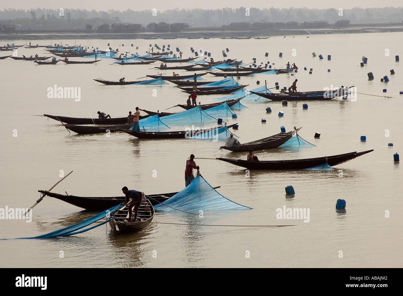 Angelboote/Fischerboote richten Sie ihre Garnelen Larven (BRJ) Netze in Shibsha Fluss, Bangladesch. Stockfoto