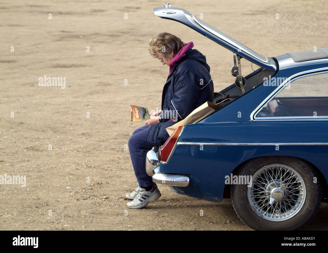 Frau sitzt auf der Rückseite Auto lesen Stockfoto